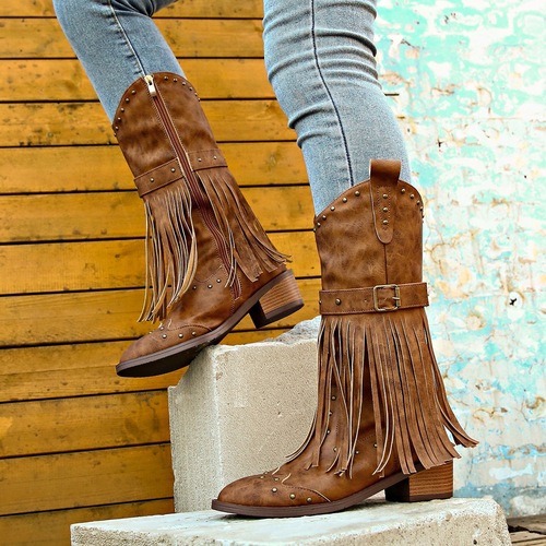 Women Tassel Boots, Knight Boots, Mid-Calf Boots, Large Women's 42