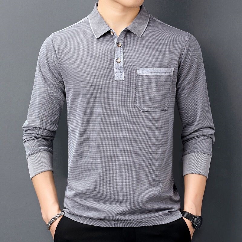 Middle-Aged Men's Spring and Autumn Long-Sleeve Polo Shirt with Lapel, Pockets, Buttons, Loose Fit, High-Quality T-Shirt with Collared Ribbed Cuffs