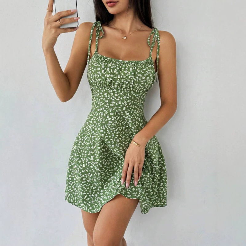 2026 European and American Cross-Border Amazon Independent Site Summer New Women's Floral Mini Dress with Straps and Ties