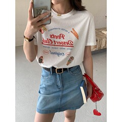 3th Morning 韓国老化防止デザートレタープリントラウンドネックルーズ半袖 T シャツ ZY3139