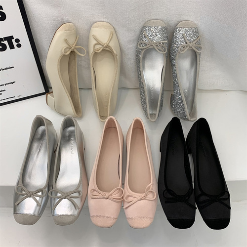 French style small fragrant style thick heel single shoes for women 2024 spring and autumn new style bow sweet grandma shoes low heel ballet shoes