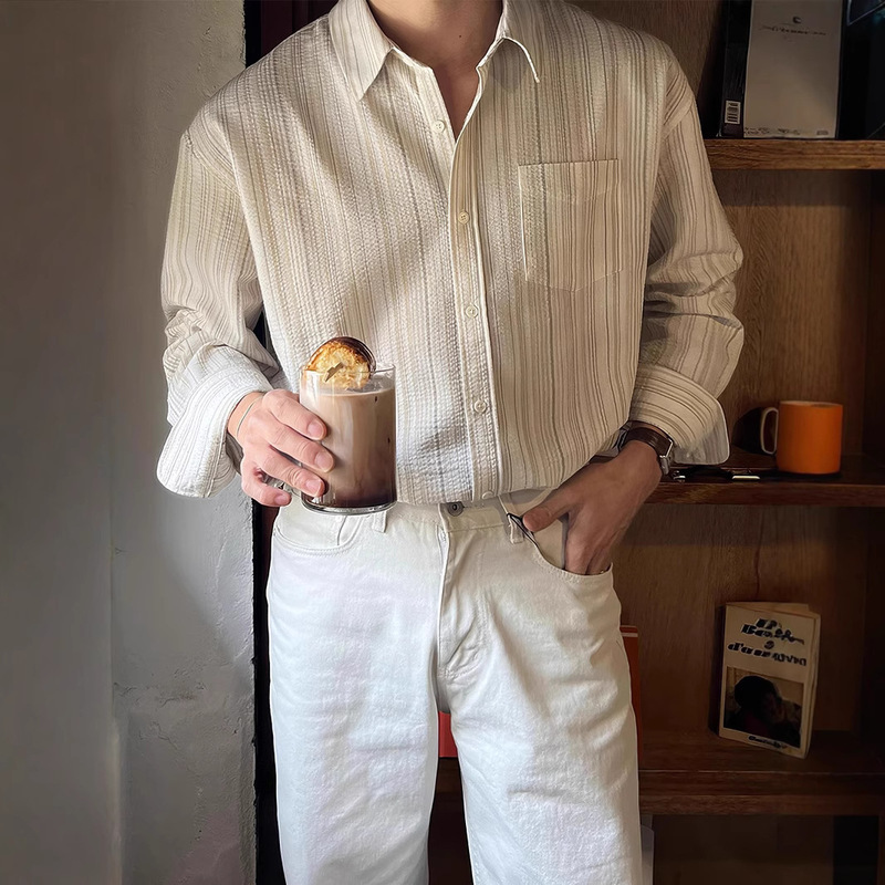 Striped Long-Sleeved Shirt for Men Early Autumn Korean Style High-Quality Textured Niche Design Casual No-Iron Draped Shirt