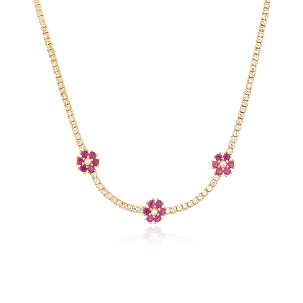 Sterling Silver 18K Gold Plated Simple Style Flower Inlay Artificial Pearls Zircon Necklace display picture 3