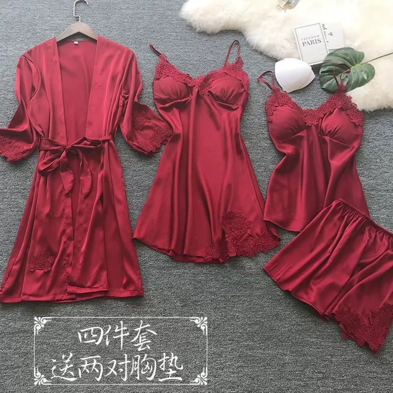 Топ с чашками, осенняя пижама, комплект, сексуальная slip dress, юбка, длинный рукав, халат