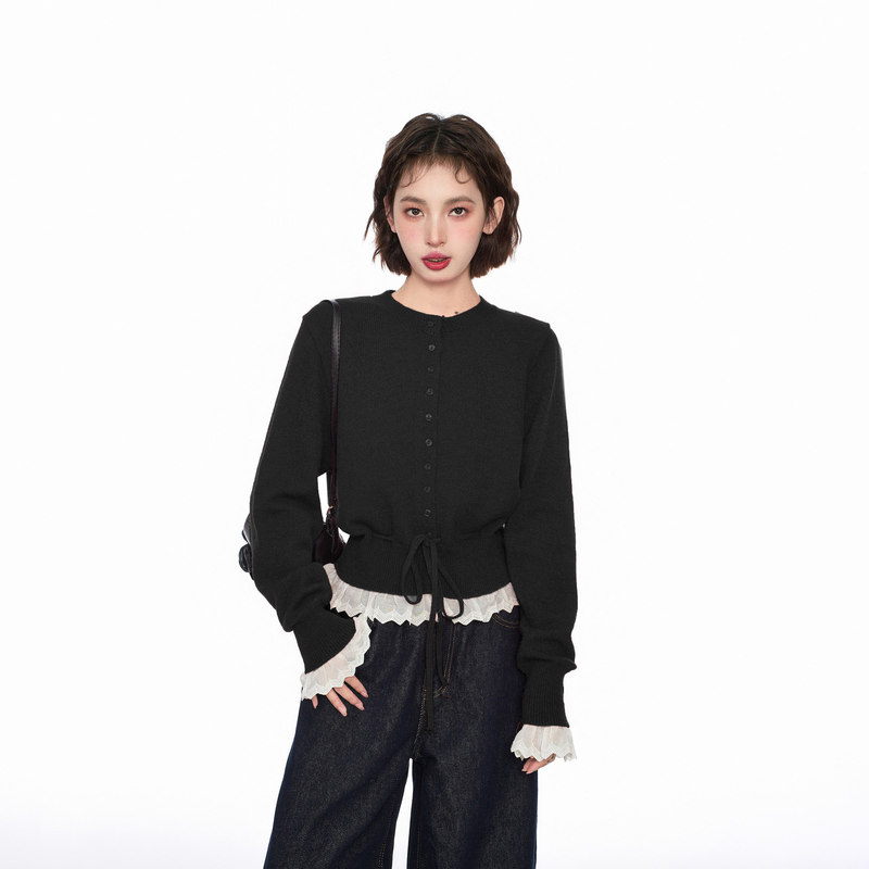 Sweet style lace-trimmed knit sweater for women, autumn/winter 2026, solid color, soft and cozy, waist-cinching, tie-waist sweater coat top Sweet style lace-trimmed knit sweater for women, autumn/winter 2026, solid color, soft and cozy, waist-cinching, tie-waist sweater coat top