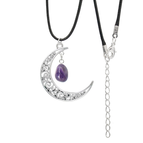 European and American natural crystal raw stone necklace retro alloy moon necklace female niche Amazon foreign trade jewelry wholesale
