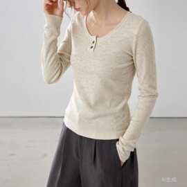 亚麻亨利领长袖女针织衫秋冬简约利落松弛感内搭日常休闲女打底衫