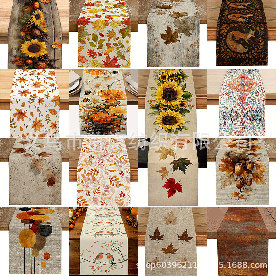 Otoño Día de Acción de Gracias bandera de mesa girasol de pino de hoja de pino decoración de bandera de mesa de acoplamiento profesional transfronteriza venta directa de fabricantes