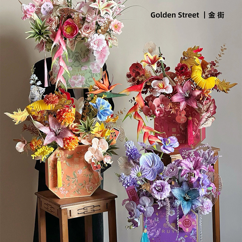 新年春节国风八角花盒印花福桶年宵花插花盒居家客厅喜庆摆件批发