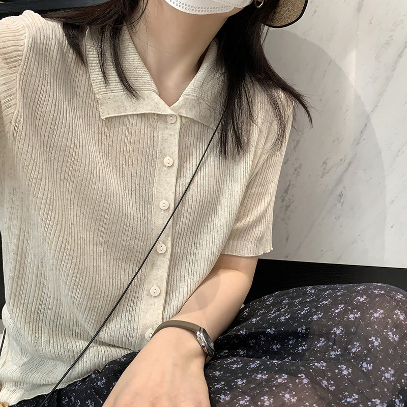 Korean Order! Elegant Commuter Casual Style Turn-Down Collar Tencel Linen Loose Thin Knit Short-Sleeve T-Shirt for Women Summer