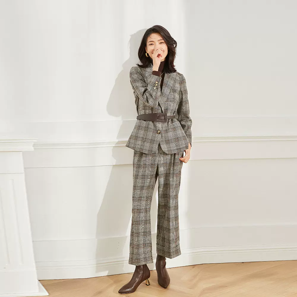 新精纺羊毛格子休闲西服阔腿套装女上衣12921裤子12922
