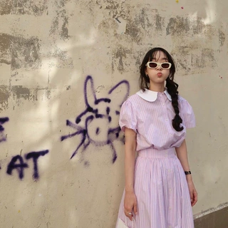 条纹百褶裙粉色半身裙东大门裙子韩系女装韩版夏装flet*a大裙摆