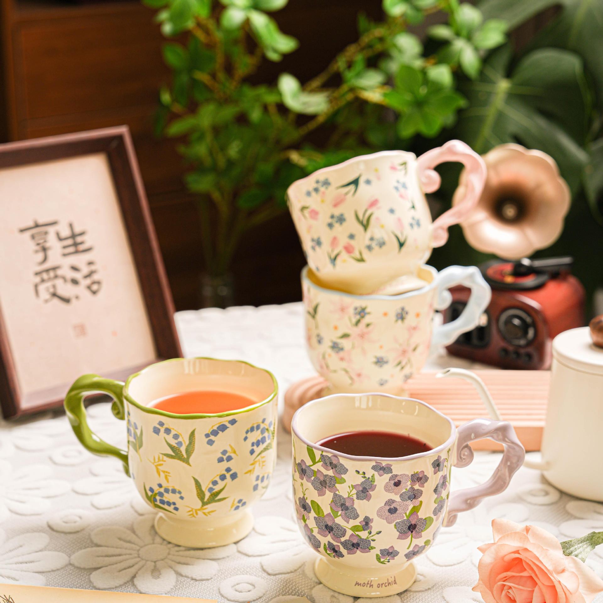 Vintage Floral Ceramic Mug with Tall Handle for Home or Dormitory Use, Tea Cup, Drinking Cup, Gift with Underglaze Color