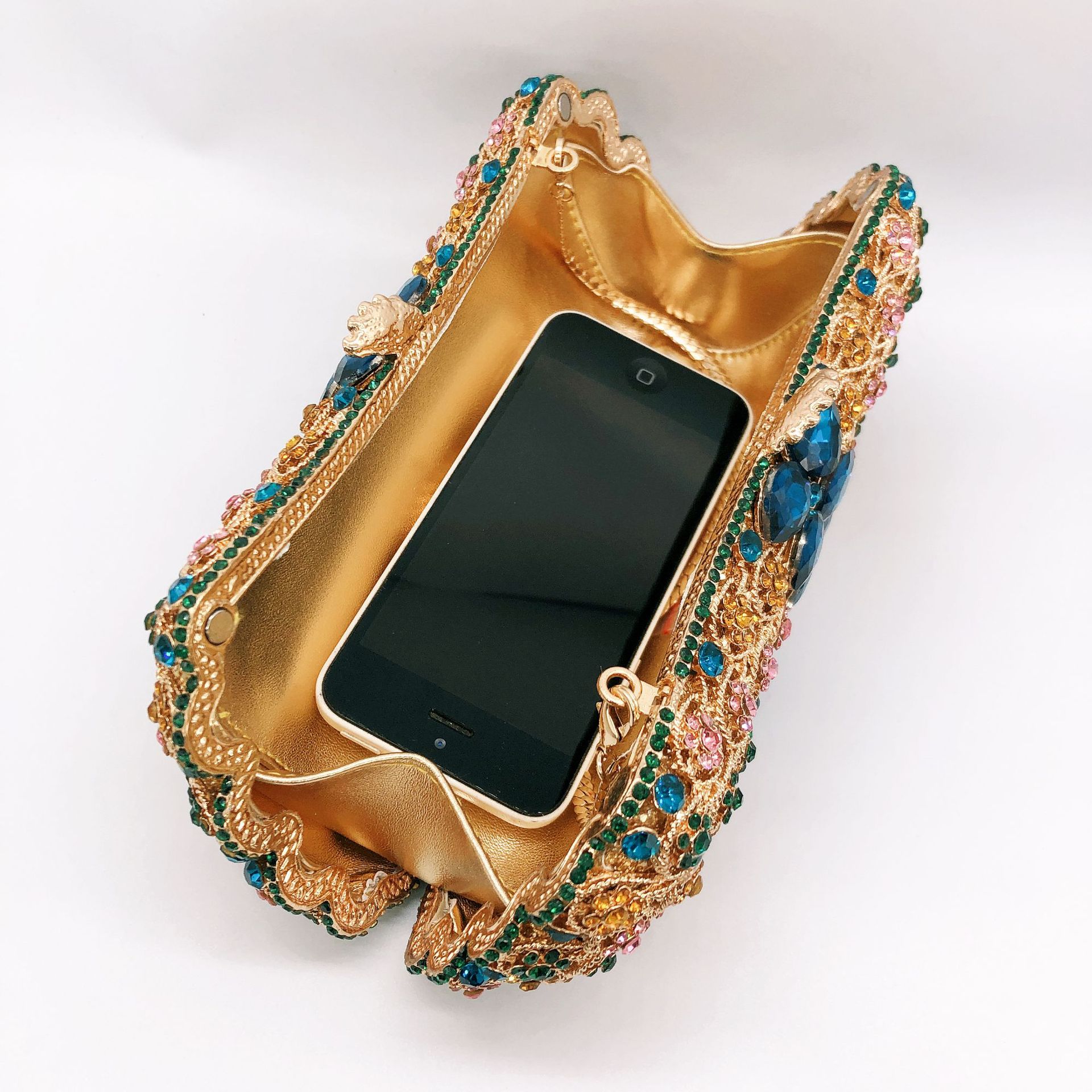 Túi clutch dạ tiệc đính kim cương rỗng kiểu mới — Vàng đáy lỗ màu xanh lá, Nền vàng ngọc xanh lam, Màu đen, Tím Nhiều màu chi tiết 8