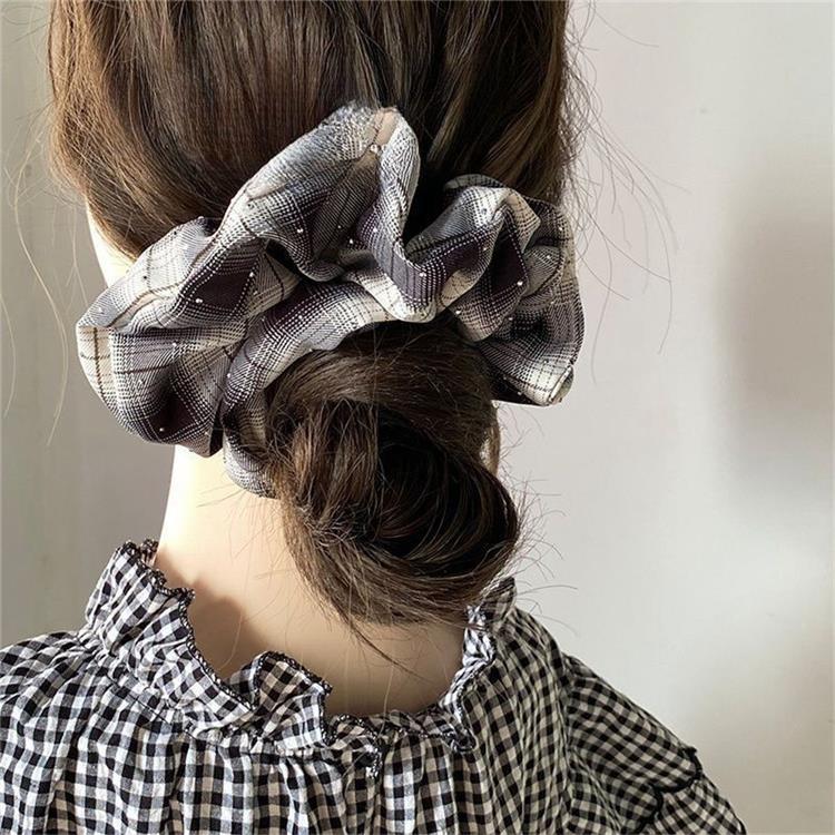 1 Piece Quantity Cloth Material Plaid Pattern Gradient Fabric Large Bow Hairband Mesh Rhinestone Large Low Bun Simple Hairband Accessory