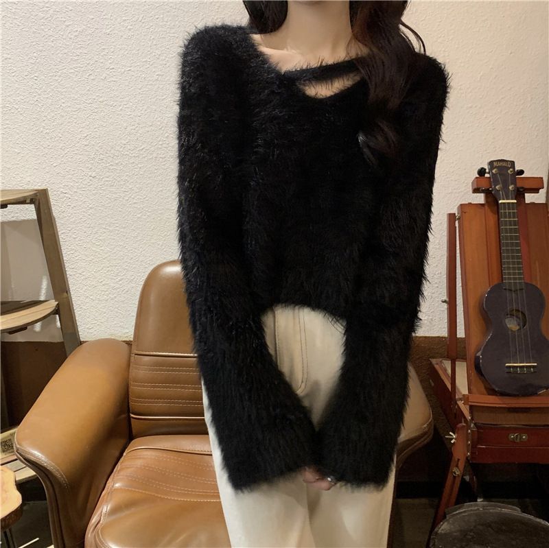 露锁骨软糯仿貂绒短款毛衣女秋冬新款高级感别致长袖针织衫上衣女|undefined
