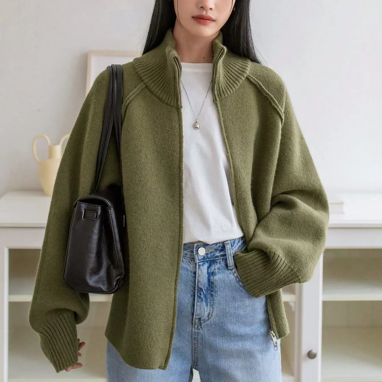 慵懒风毛衣外套女2025秋冬新款韩系纯色立领拉链针织开衫上衣