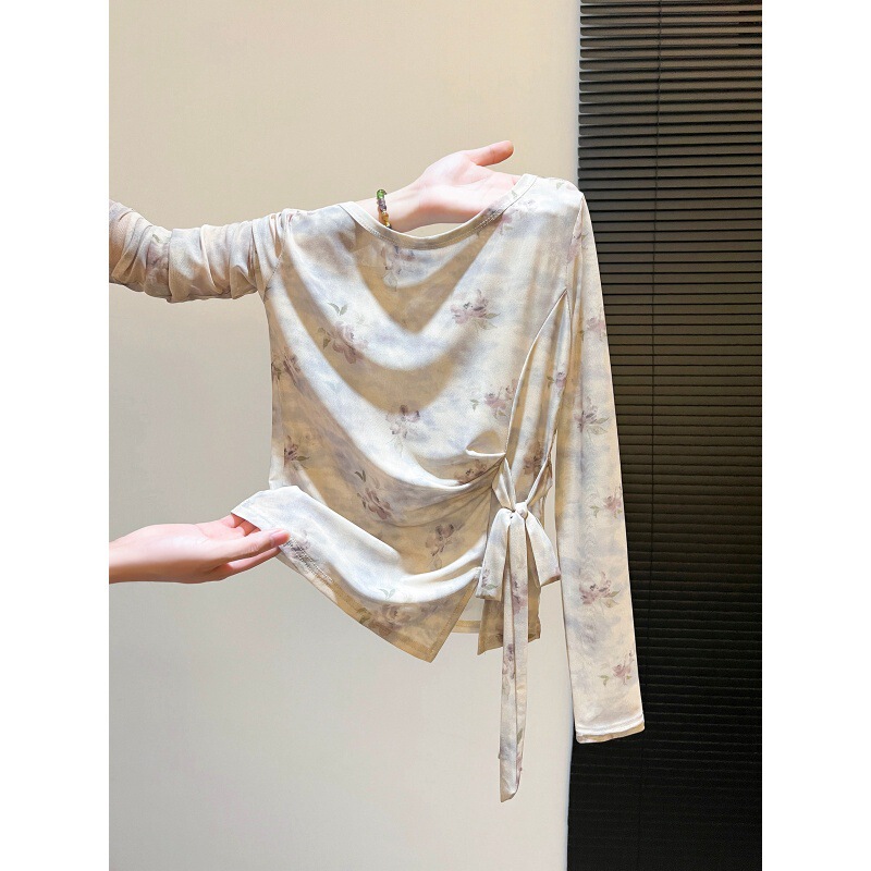 Gentle Ink Floral Mesh Long Sleeve T-Shirt for Women, New Early Autumn Style with Bow Tie, Ruffles, Slimming and Elegant Top