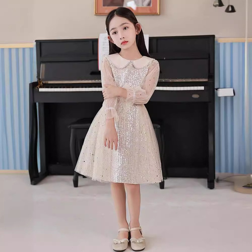 Children's Dress Little Girl 2024 Spring New Long Sleeve Trendy Daily Piano Performance Dress High-end Women's Skirt