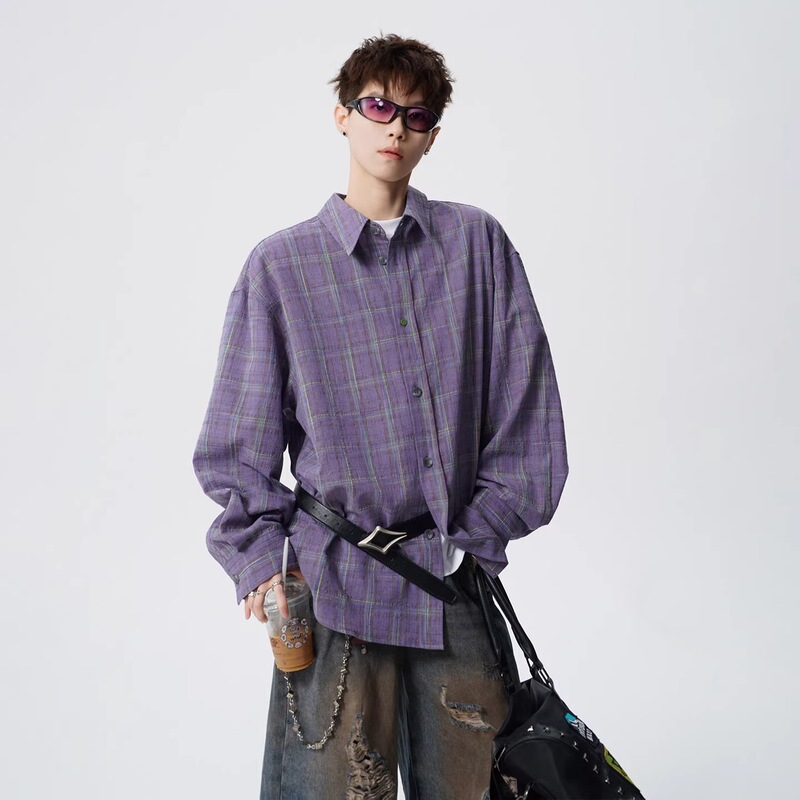 American Retro Lazy and Relaxed Plaid Jacket for Men and Women, Spring and Autumn Cleanfit Loose Lapel Long-Sleeved Shirt