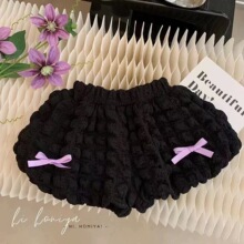 2024年女童糖果色蝴蝶结短裤时髦华夫格泡泡灯笼裤子