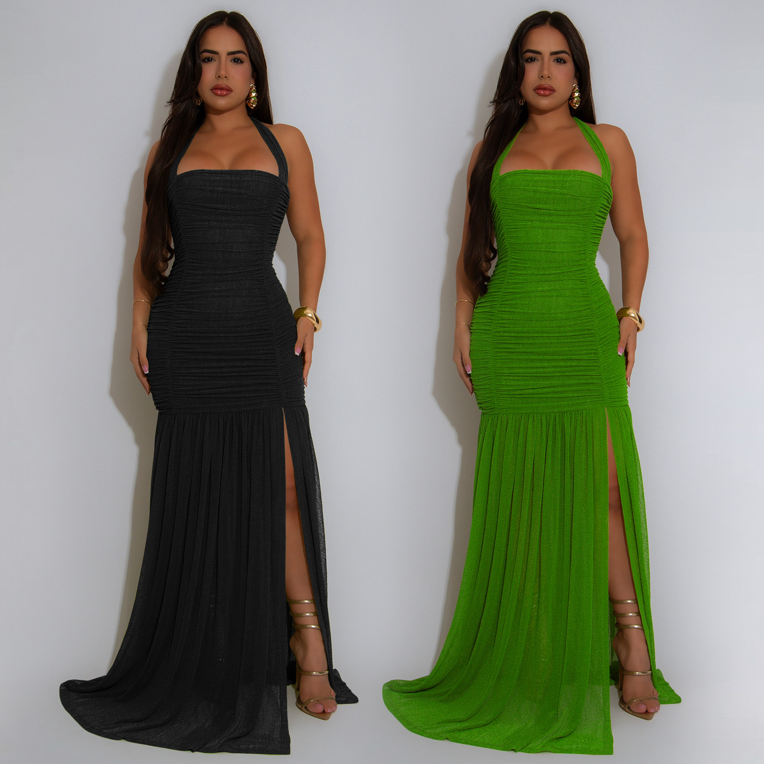 C7398 Cross-border AliExpress Amazon Ropa de mujer de moda europea y americana Vestido de color sólido sexy con hilo de red de verano