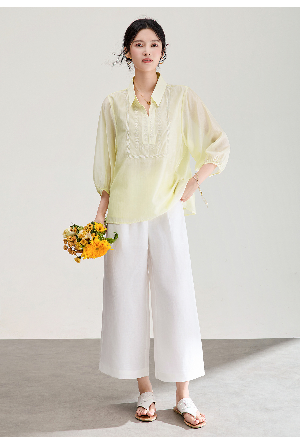 Áo sơ mi nữ tay lỡ thêu hoa tay chất liệu tencel cao cấp — màu trắng chi tiết 15