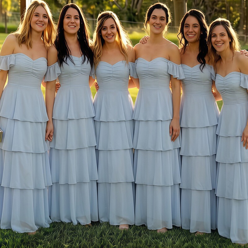 New fairy-style bridesmaid dress for women, long elegant chiffon tiered dress with off-shoulder, open back and tie-up evening gown New fairy-style bridesmaid dress for women, long elegant chiffon tiered dress with off-shoulder, open back and tie-up evening gown