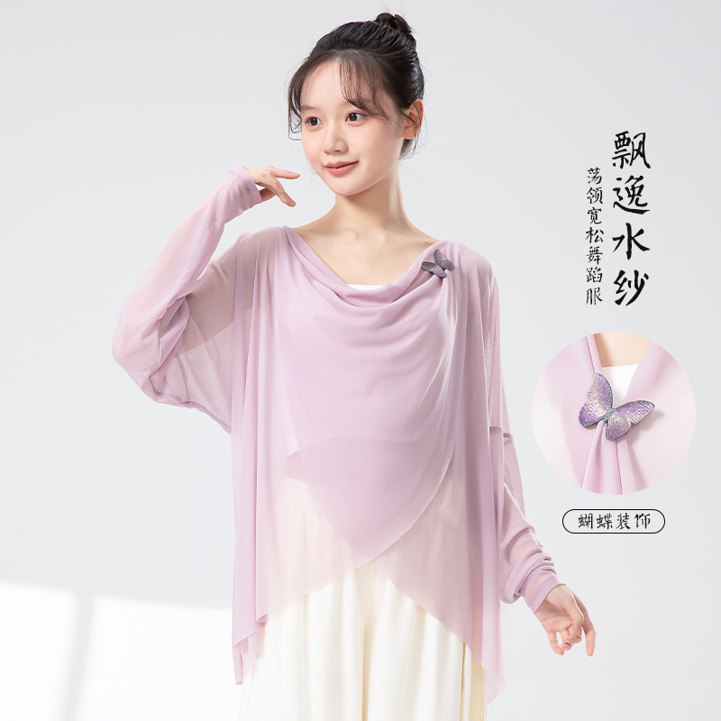 New Chinese-Style Classical Dance Flowing Loose Long-Sleeve Blouse with Draped Collar, Chiffon Top, Modern Dancewear, and Practice Attire