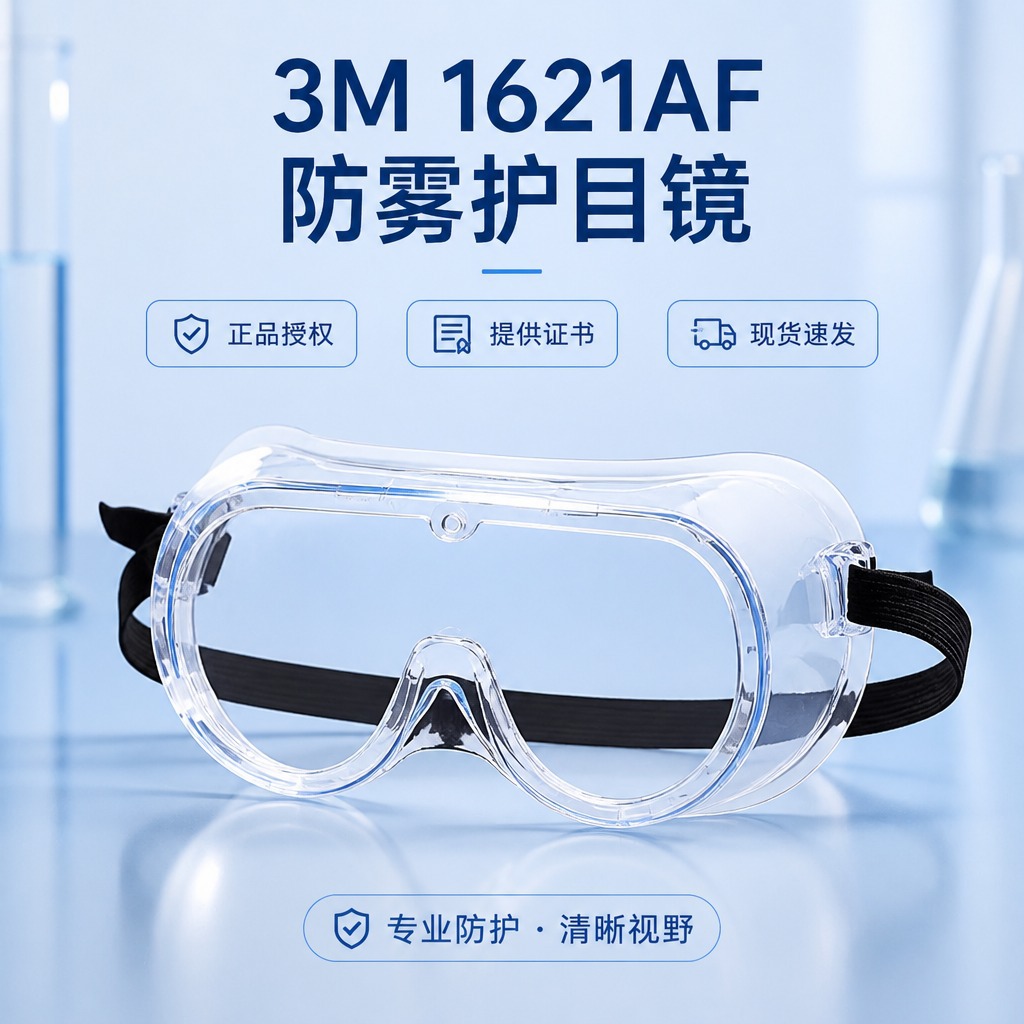 3M 1621AF anti-fog goggles, chemical splash-proof, enclosed protective eyewear for laboratory and chemical plant environments, protective gloves