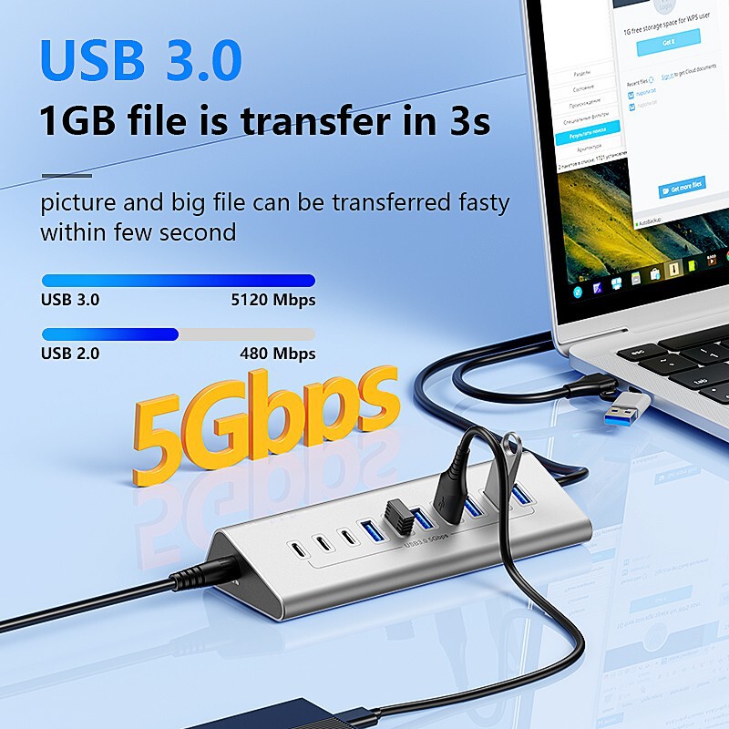 Type-C Splitter 7/10 Port Usb3.0 Expansion 10g Hub Aluminum Alloy Transmission Charging Docking Station