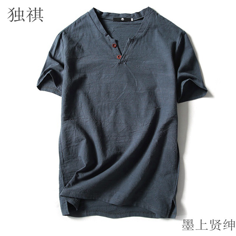 Summer Cotton Linen Men's Short-sleeved T-shirt Loose Thin Extra Large Plus Size Solid Color V-neck Extra Large Trendy Fat Men Summer Cotton Linen Men's Short-sleeved T-shirt Loose Thin Extra Large Plus Size Solid Color V-neck Extra Large Trendy Fat Men