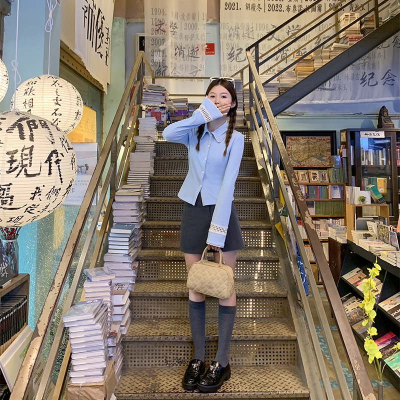 曾小咸 蓝色长袖上衣女早春翻领针织毛衣开衫外套显瘦设计感衣服|undefined