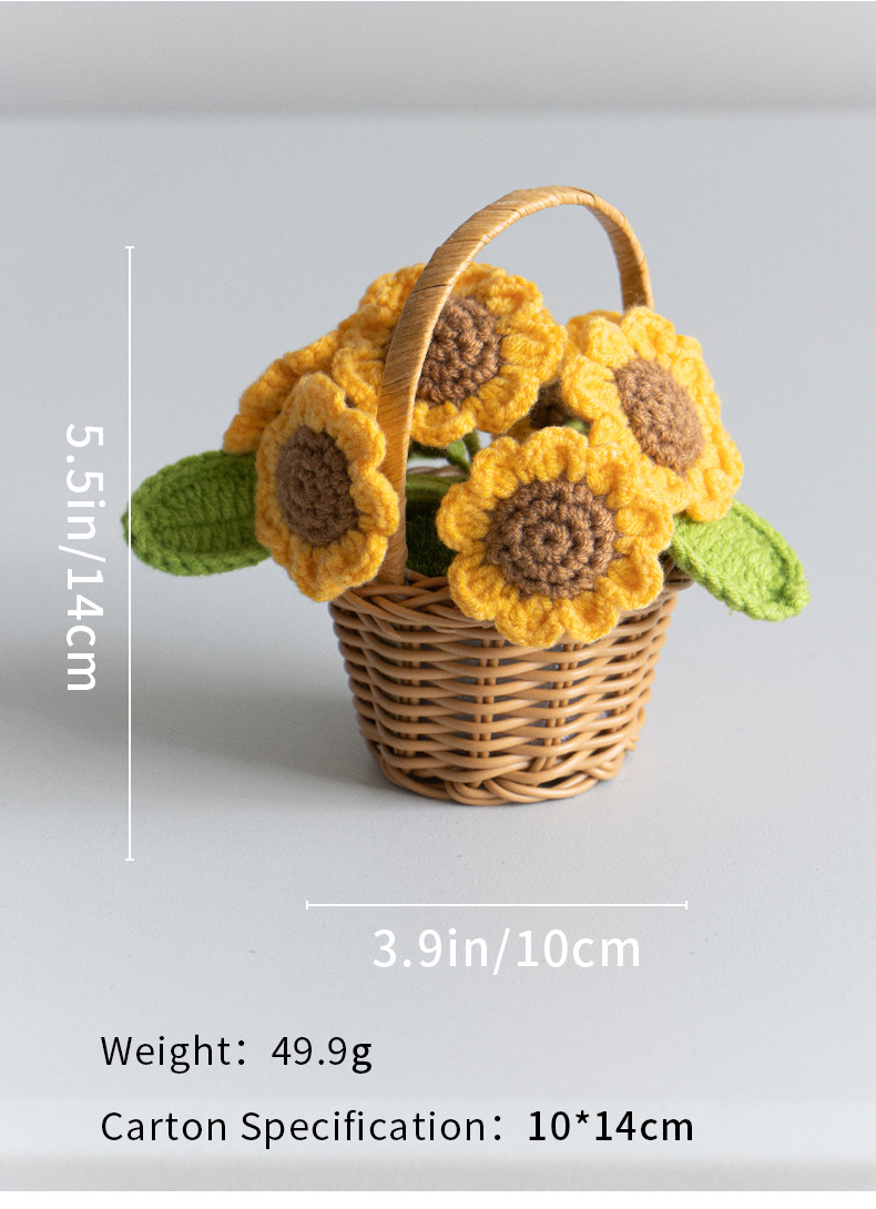 手工针织向日葵迷你花篮成品毛线仿真太阳花盆栽摆件节日礼品摆摊详情3