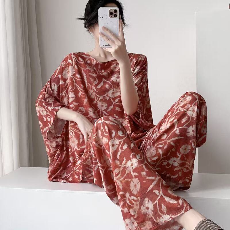 Trendy double-pocket batwing-sleeve pajama set for women, featuring a retro Chinese style, perfect for spring and autumn, and can be worn as loungewear Trendy double-pocket batwing-sleeve pajama set for women, featuring a retro Chinese style, perfect for spring and autumn, and can be worn as loungewear