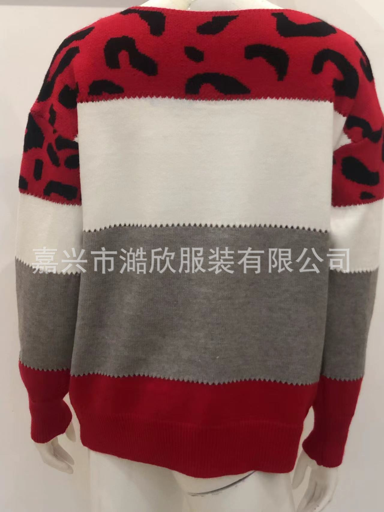 跨境欧美新款针织衫女2022秋冬豹纹套头拼色一字领女式毛衣打底衫 pic 11