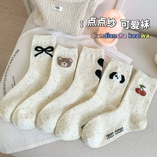 蝴蝶结袜子女春秋款中筒袜纯色棉袜底长袜无骨棉袜白色麻花秋冬堆