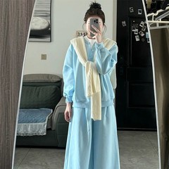 韩系纯色休闲卫衣睡衣女秋季新款家居服披肩长袖长裤可外穿三件套