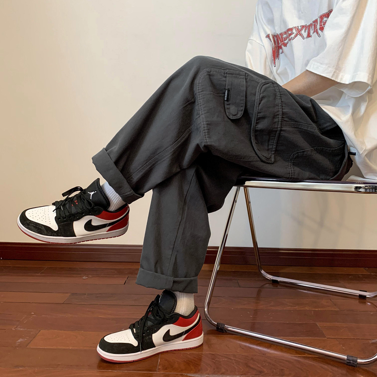 Verde del ejército trajes de verano de los hombres delgados rectos pantalones Cityboy japonés retro American Street Skateboard Pantalones