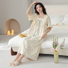 莱卡棉睡裙女款2025年新款夏季纯棉女士短袖夏天清美家居服连衣裙