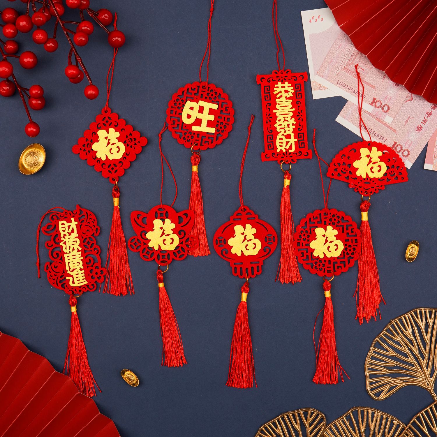 2025新年盆景挂饰通用小吊饰绒布春节挂件小银柳桔子盆栽装饰福字