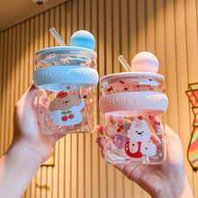 可爱高颜值萌宠玻璃水杯2025新款耐高温吸管杯子女生大容量果汁杯