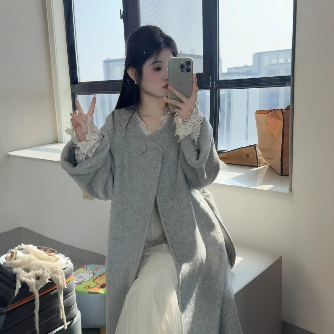 【98001 Hepburn】New Spring, Autumn, and Winter Round Neck Cape Style Double-Sided Wool Mid-Length Coat