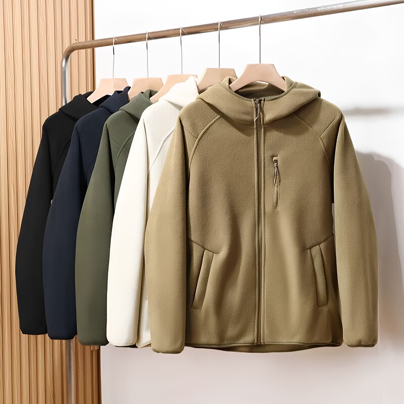 High-density double-sided fleece windproof and warm men's outdoor hooded fleece sweatshirt cardigan with added fleece and thickened outer layer