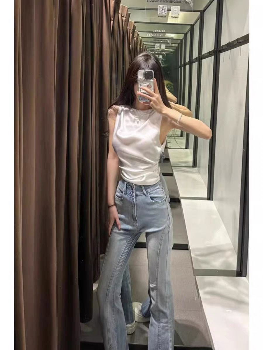 (2개) 헤어 슬리밍 조커 플레어 팬츠 어린이 2024 새로운 높은 허리 슬리밍 패션 마이크로 청바지 E18