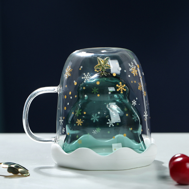 高ホウ素シリコンガラスの取っ手付き二層クリスマスカップのシンプルな家庭用ジュース飲料カップ|undefined