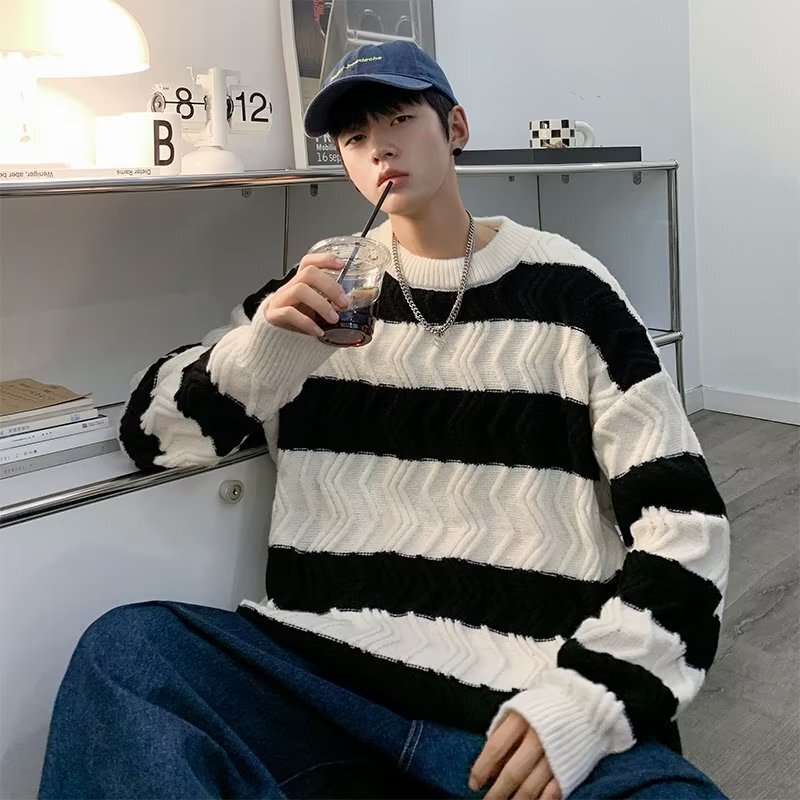 Striped Sweater Men's Spring and Autumn Loose plus size Design Sense Niche Clothes Autumn Instagram Popular Sweater Striped Sweater Men's Spring and Autumn Loose plus size Design Sense Niche Clothes Autumn Instagram Popular Sweater
