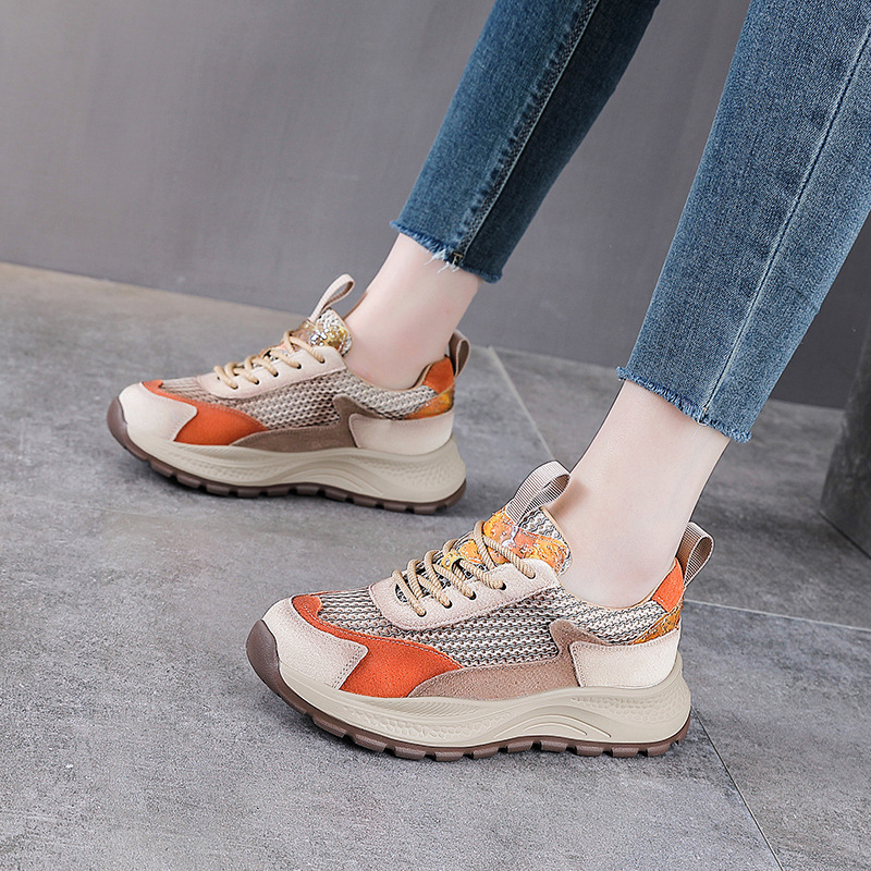 Giày sneaker chunky nữ đế dày phối màu da bò lưới thoáng khí — Màu xanh lục xám