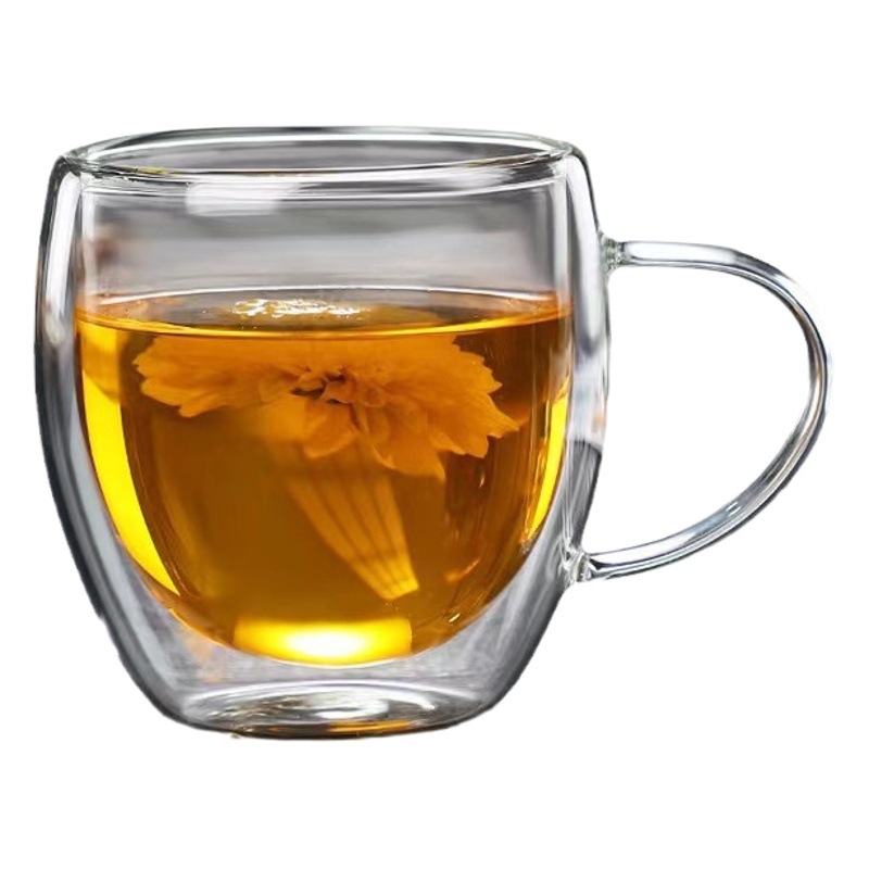 Venta al por mayor de doble capa taza con mango borosilicato vidrio leche té bebida vidrio resistente al calor anti-scald vidrio taza de té