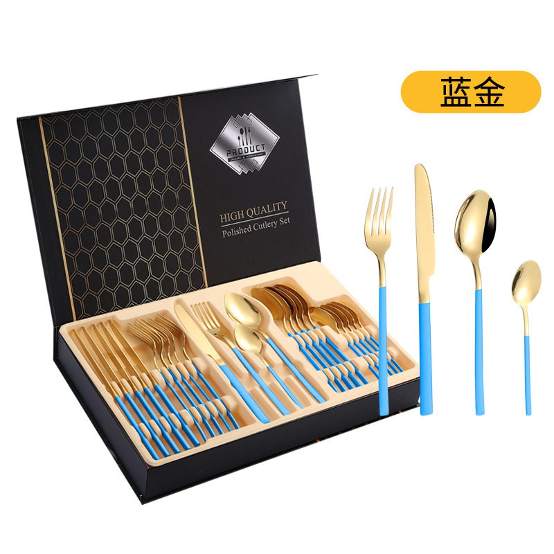 Amazon Venta caliente vajilla de acero inoxidable 24 piezas traje transfronterizo producto Caballero 4 piezas principales cuchillo de comida occidental, tenedor y cuchara traje